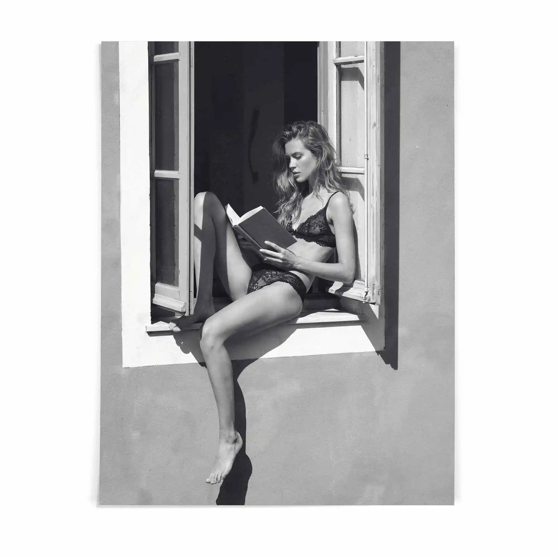 poster print featuring a girl reading a book at a french window artwork with monochrome tones and luxury French New Wave vibe. by AfterHours Gallery
