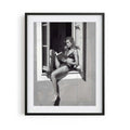 black framed poster print featuring window seat artwork with monochrome tones and luxury bedroom aesthetic by AfterHours Gallery