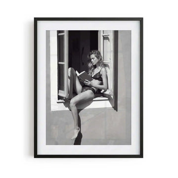 black framed poster print featuring window seat artwork with monochrome tones and luxury bedroom aesthetic by AfterHours Gallery