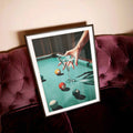 Retro Pool Table Wall Art, Martini Cocktail Poster, Bar Cart Decor, Vintage Glam Print on velvet sofa