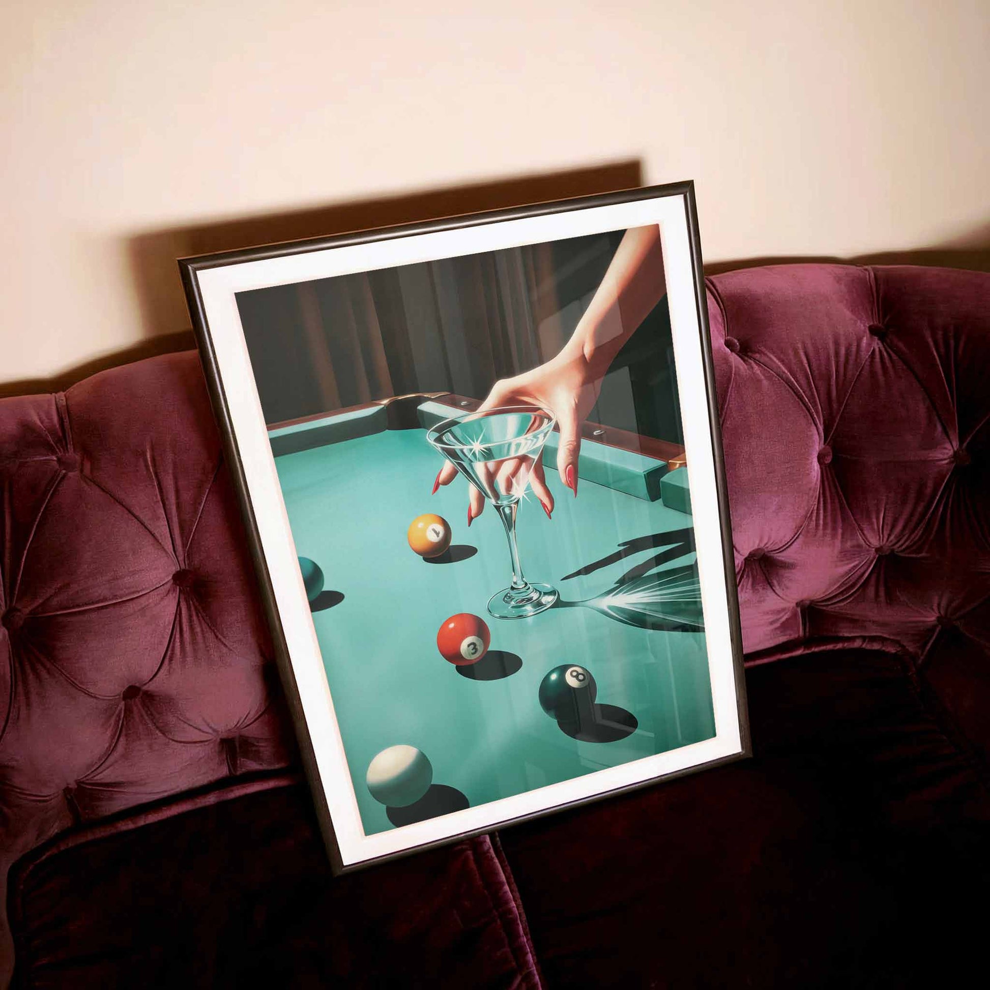 Retro Pool Table Wall Art, Martini Cocktail Poster, Bar Cart Decor, Vintage Glam Print on velvet sofa