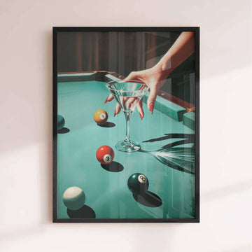 Retro Pool Table Wall Art, Martini Cocktail Poster, Bar Cart Decor, Vintage Glam black frame print
