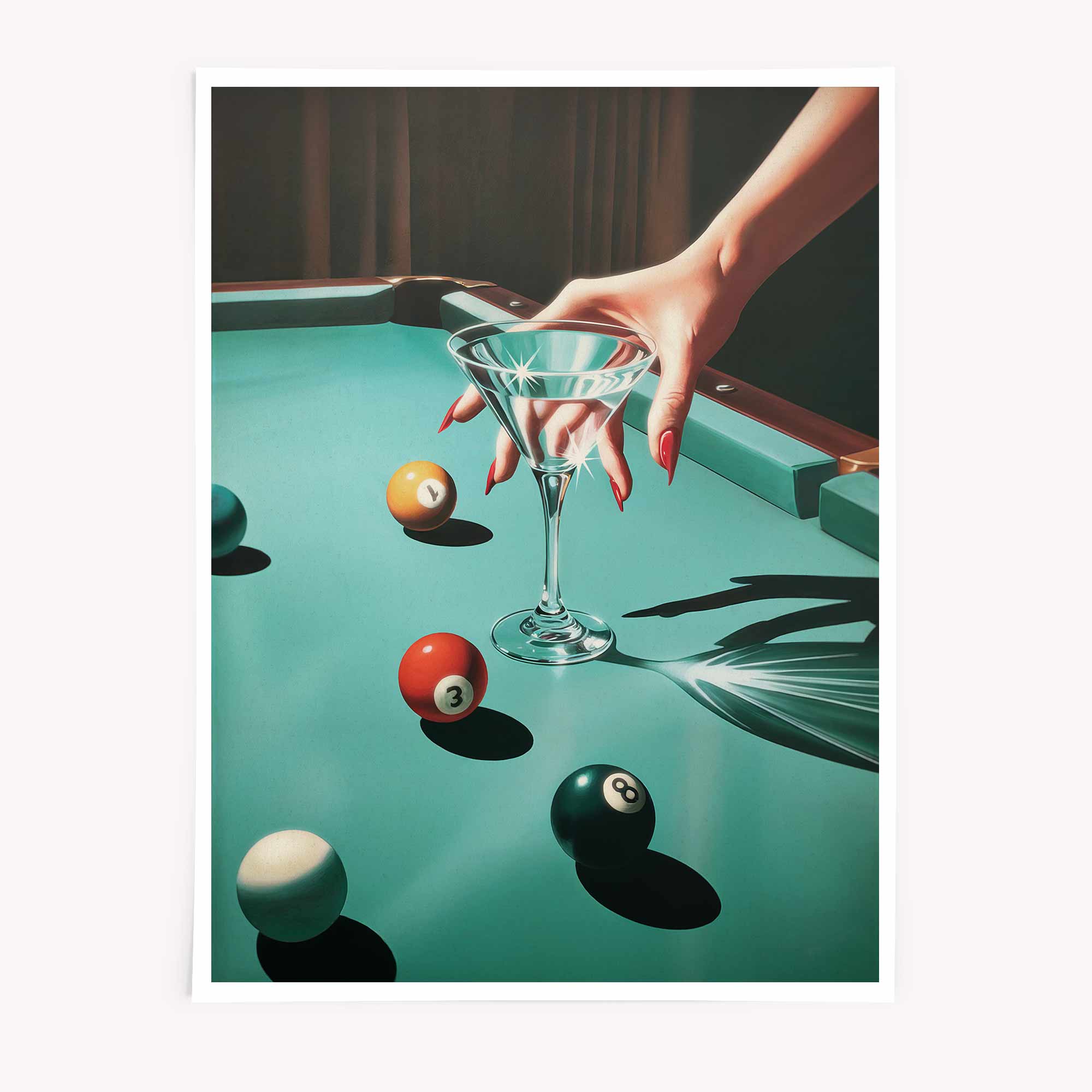 Retro Pool Table Wall Art, Martini Cocktail Poster, Bar Cart Decor, Vintage Glam Print,