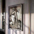 Fashion-inspired black-and-white bathroom poster with a party girl on the toilet and a disco ball in the background