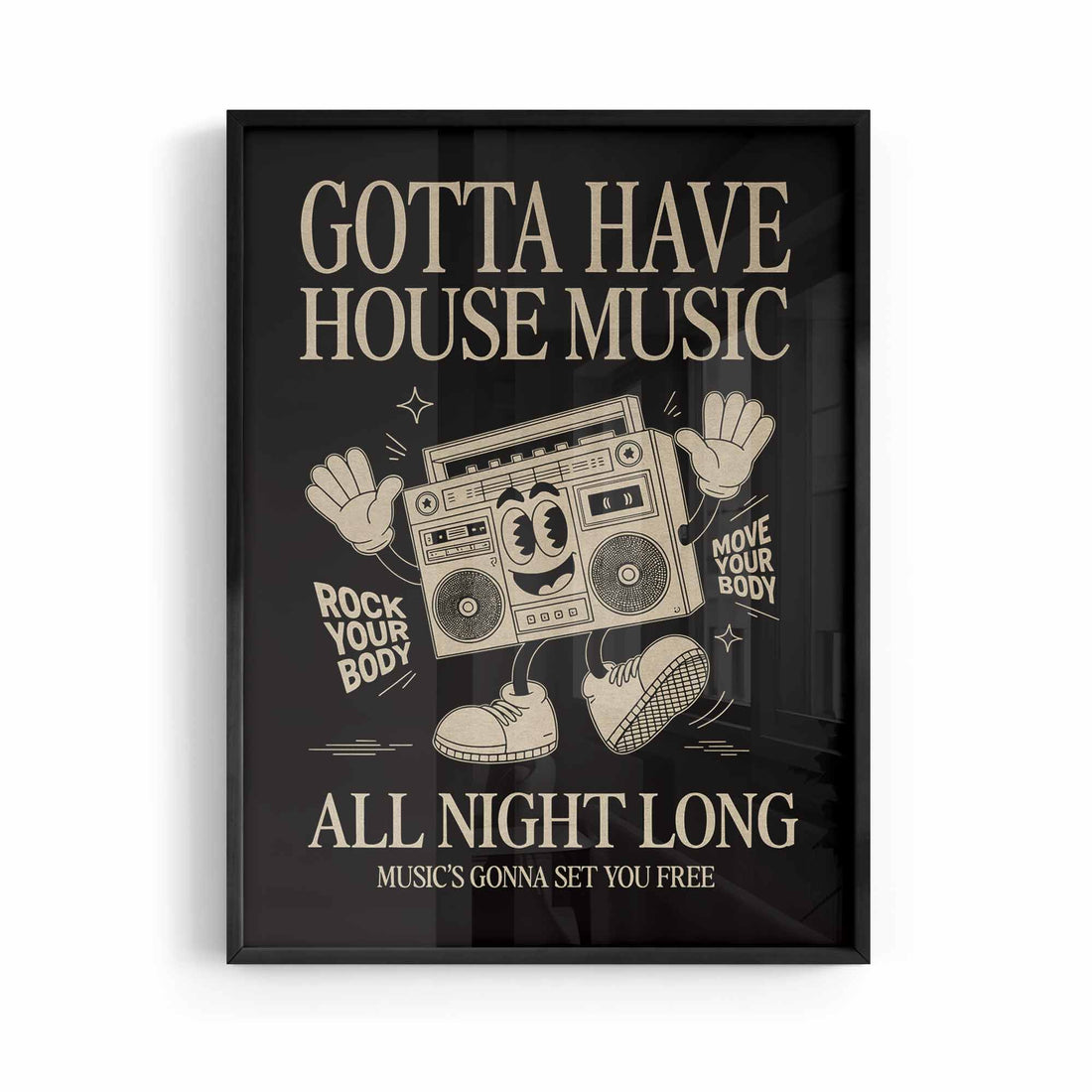 Retro House Music Poster in black frame by Afterhours Gallery
