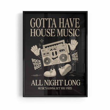 Retro House Music Poster in black frame by Afterhours Gallery