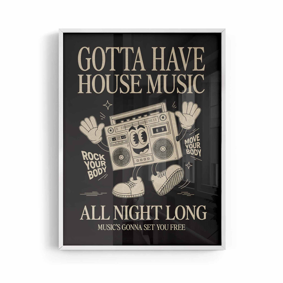 Retro House Music Poster in black frame by Afterhours Gallery