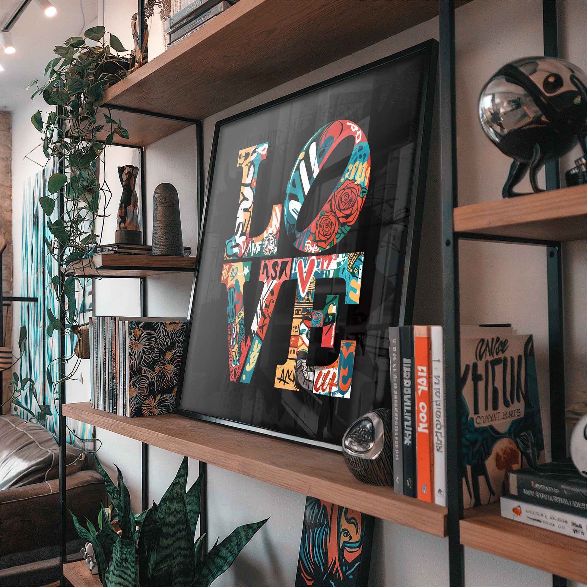 Decorative shelf with a colorful 'LOVE' artwork b Afterhours Gallery
