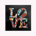 Graffiti-style LOVE typography in a mash-up of bold tags, roses, symbols, and stencil art