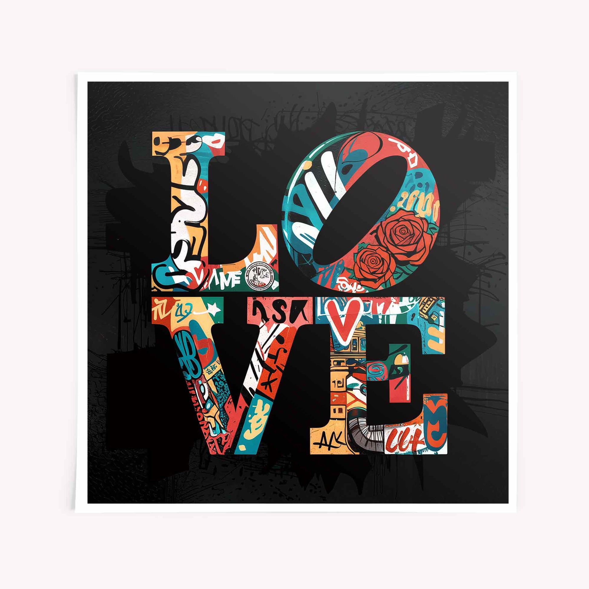 Graffiti-style LOVE typography in a mash-up of bold tags, roses, symbols, and stencil art