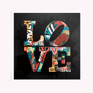 Graffiti-style LOVE typography in a mash-up of bold tags, roses, symbols, and stencil art