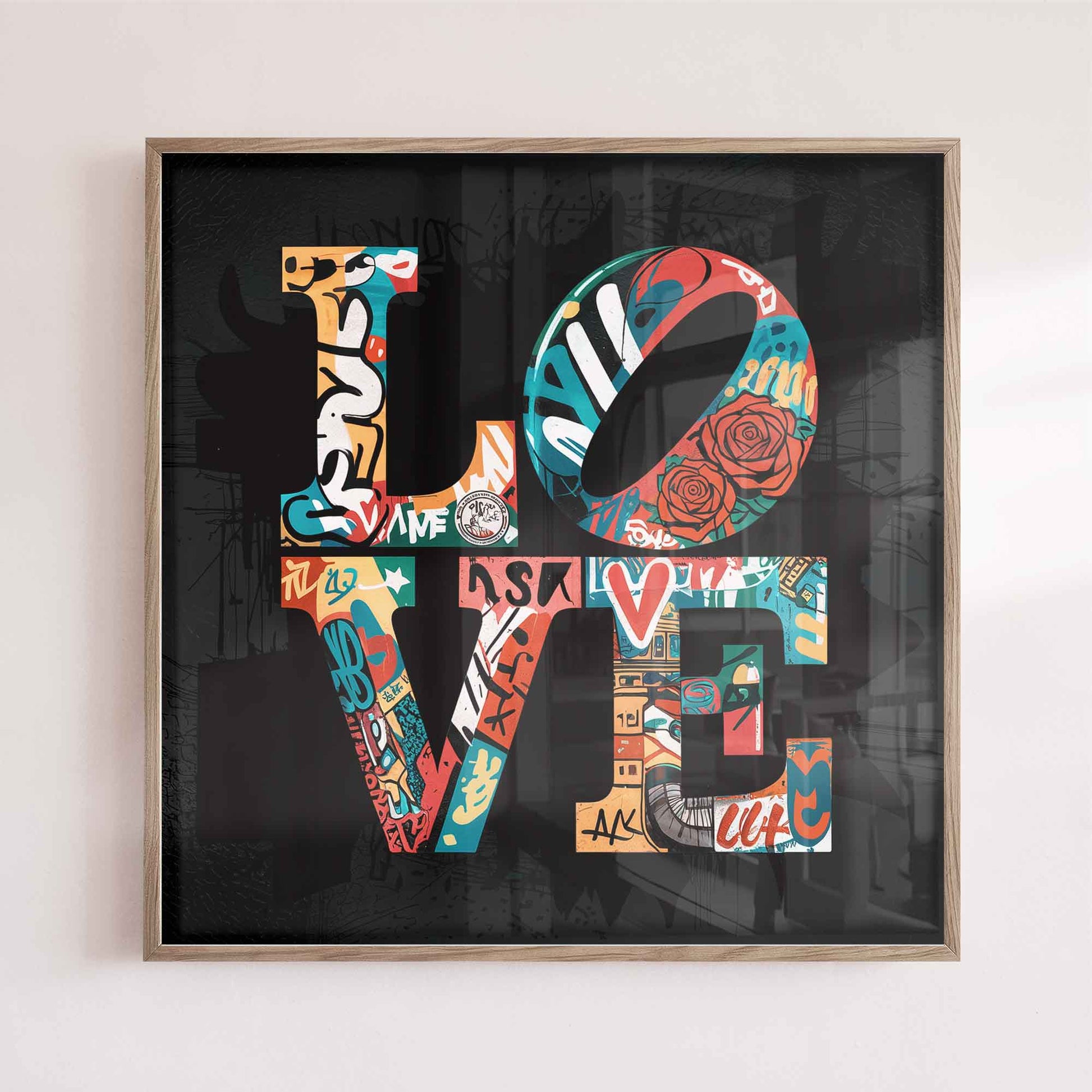 Graffiti LOVE wall art print – colourful urban decor with bold street-style typography. Perfect for edgy, modern interiors.