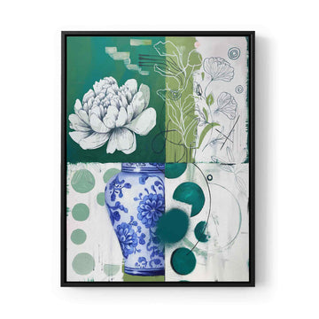 Abstract botanical vase artwork in layered green tones. A contemporary maximalist canvas print for modern interiors and gallery walls.