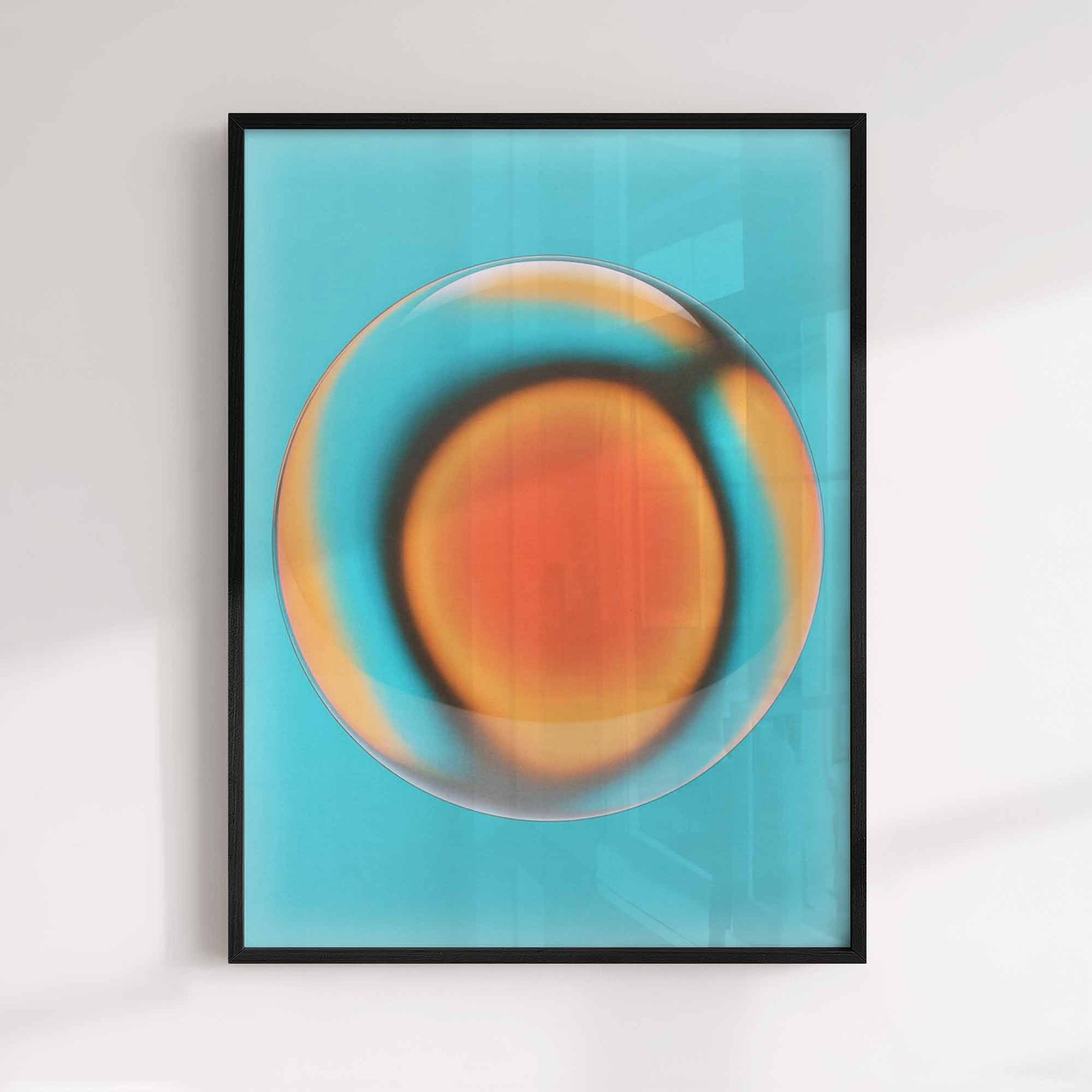 A trendy modern abstract wall art framed print. featuring a luminous gradient sphere. 