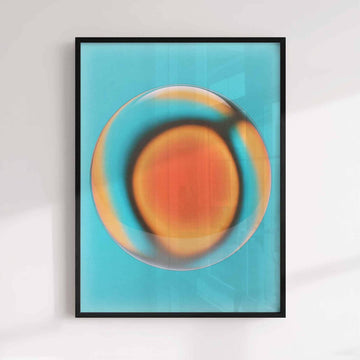 A trendy modern abstract wall art framed print. featuring a luminous gradient sphere. 