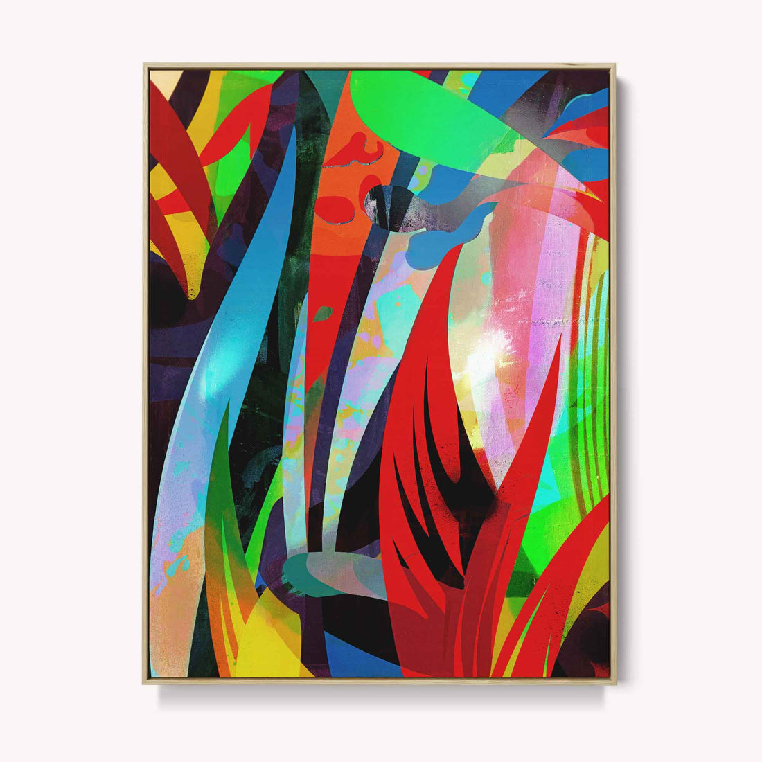 Neon abstract canvas art print with red tropical forms