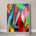 Abstract canvas in white frame with vibrant colour