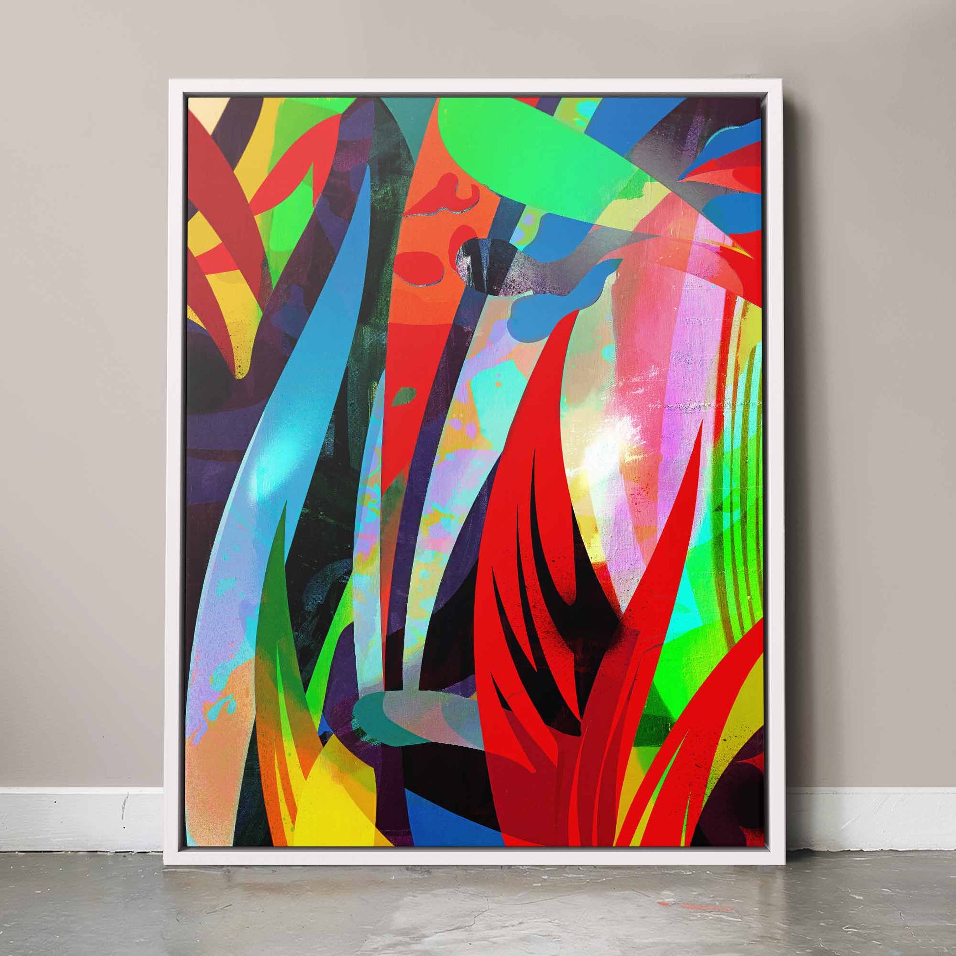 Abstract canvas in white frame with vibrant colour