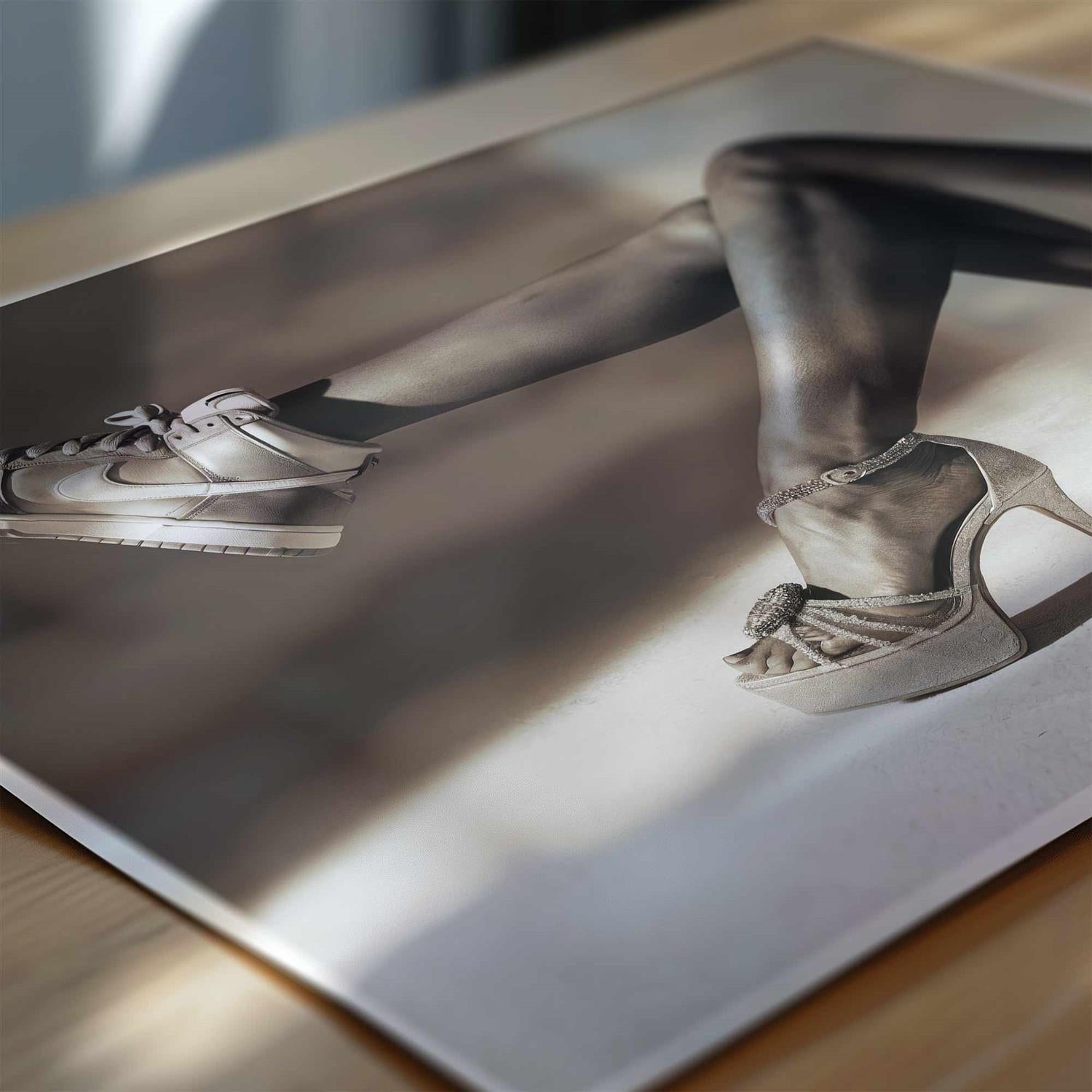 Close-up of a person wearing white sneakers on a reflective surface.