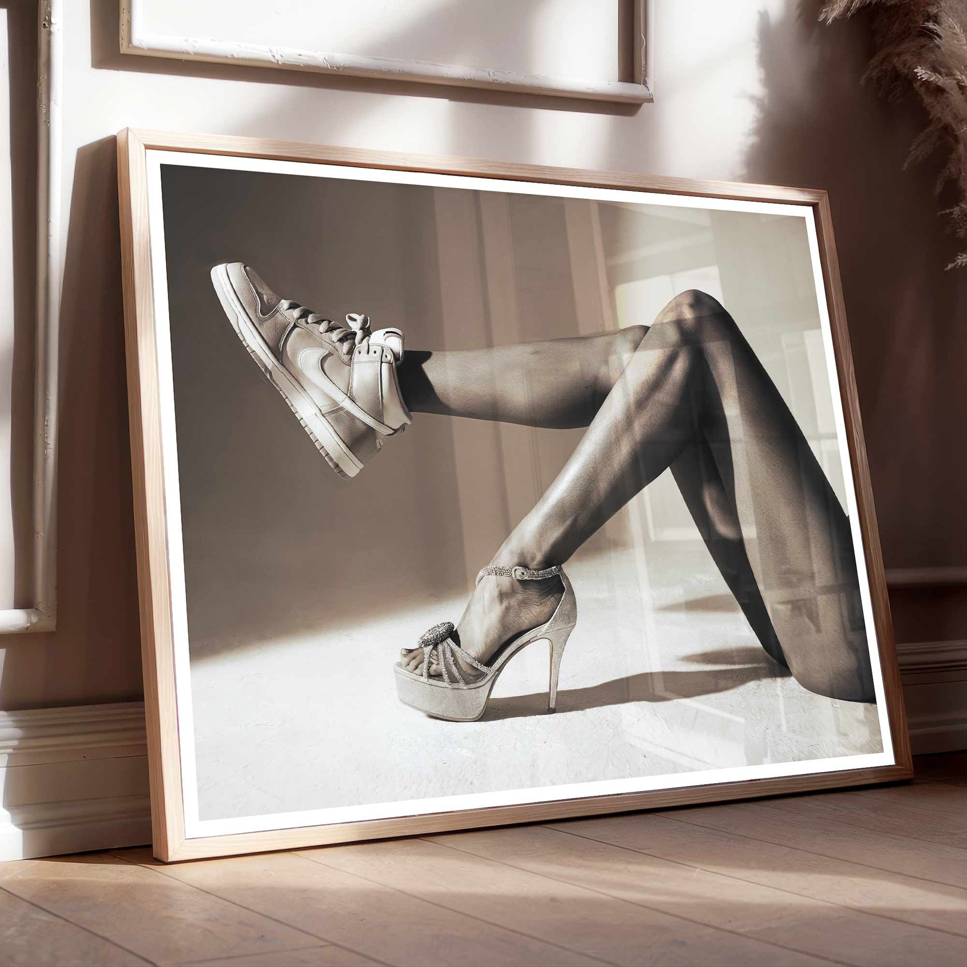 Minimalist sneaker and heels wall art print for hypebeast decor.