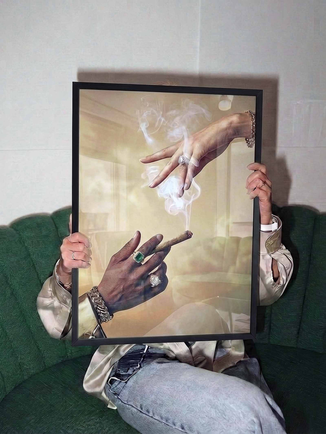 Framed cannabis wall art poster styled in a modern neutral living space