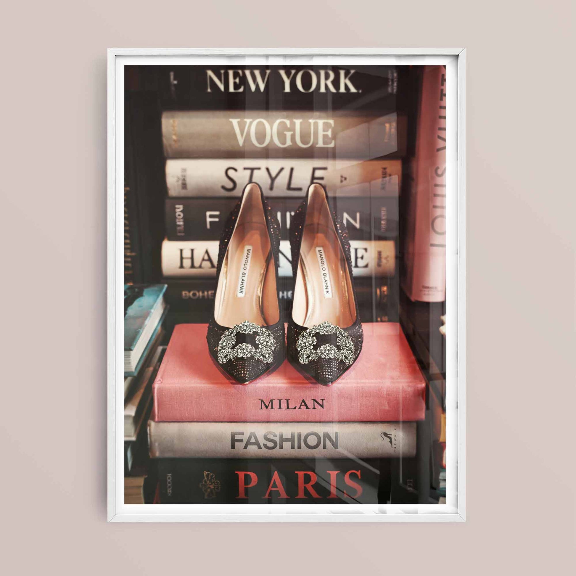 Feminine home decor print with Manolo shoes