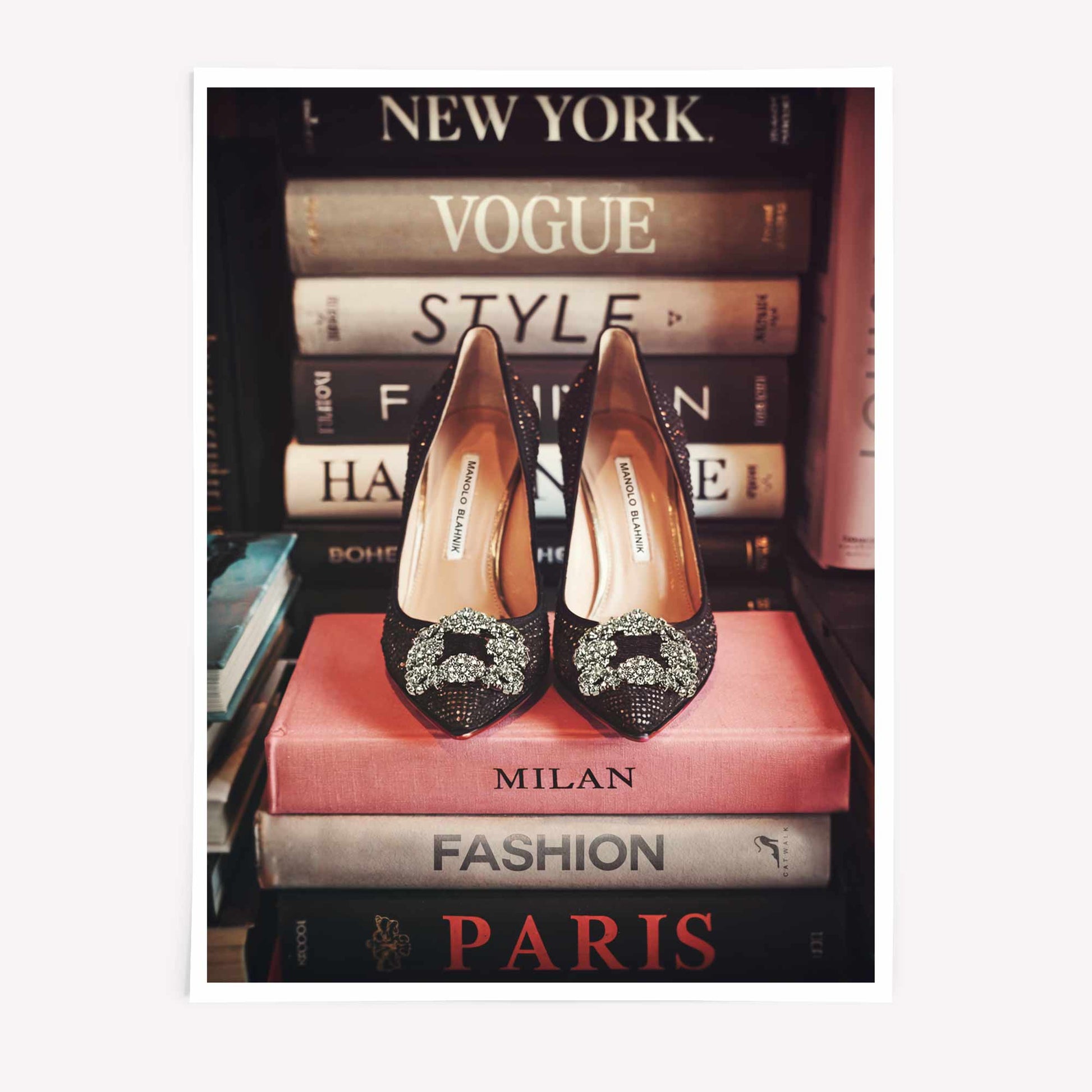 Manolo Blahnik heels on stacked fashion books