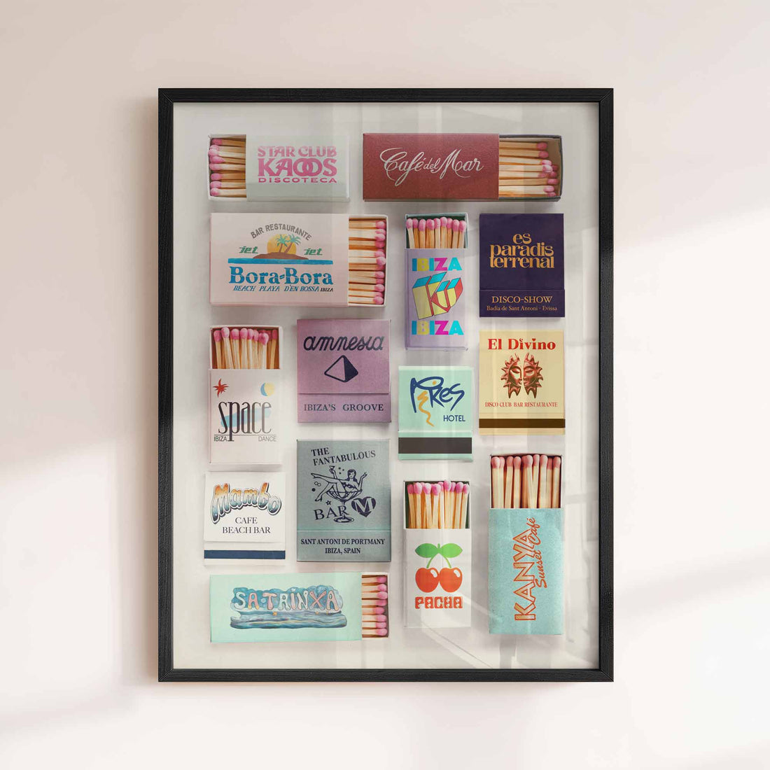 90s Ibiza Matchbox framed print featuring iconic clubs like Amnesia, Pacha & Café del Mar. A unique gift for DJs, house musi