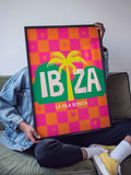 Retro Maximalist Ibiza Poster – Pink Orange Checkered Travel Art – Balearic Island Decor