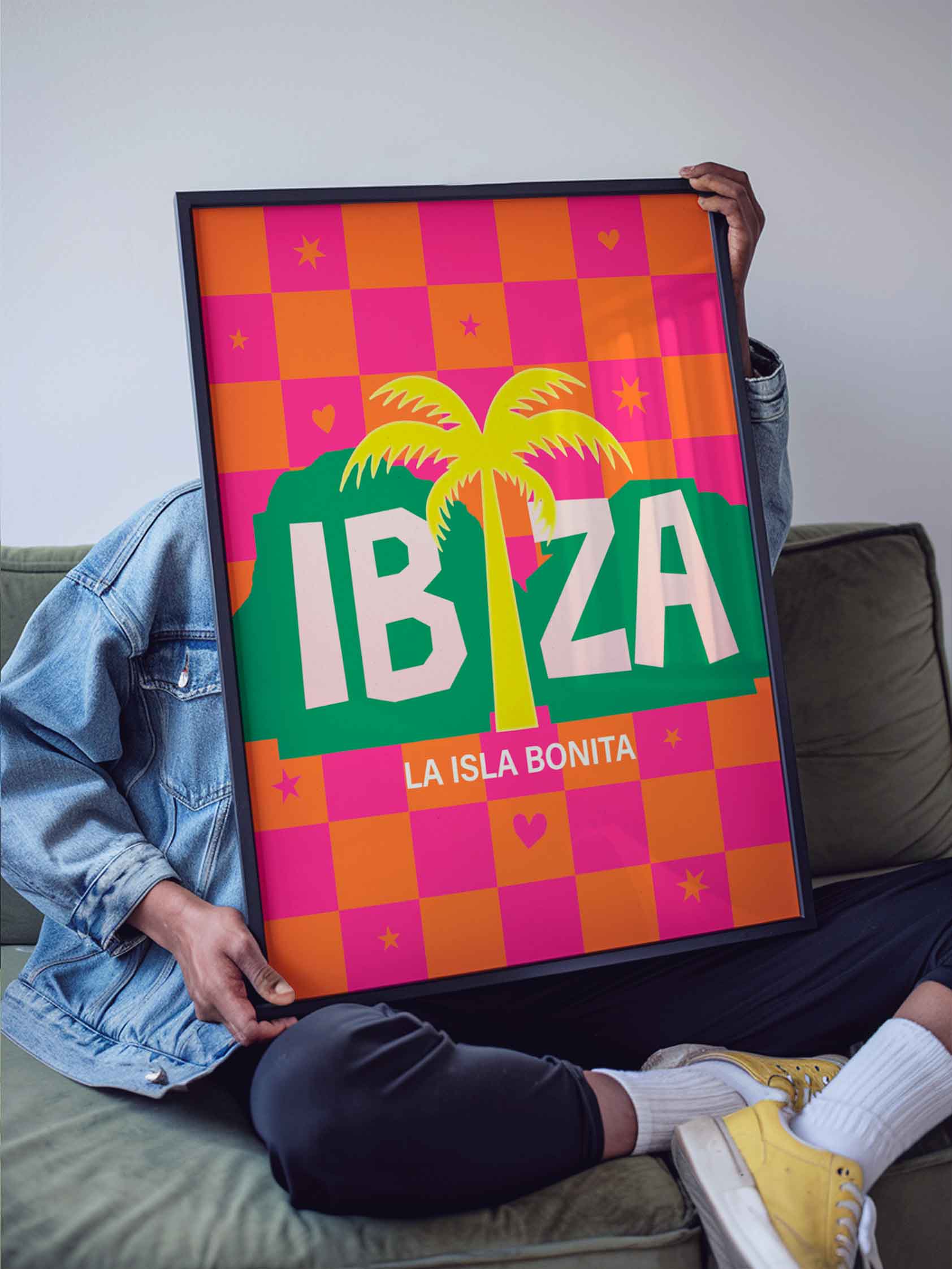 Retro Maximalist Ibiza Poster – Pink Orange Checkered Travel Art – Balearic Island Decor