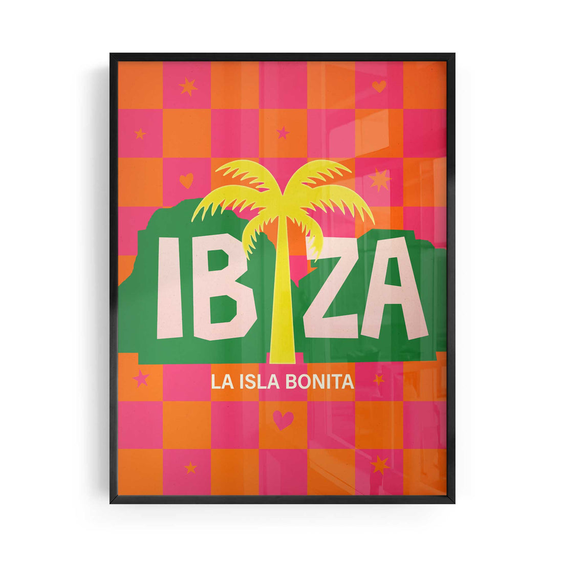 A maximalist retro wall art print celebrating the spirit of Ibiza -  hot pink checkerboard skies, tropical palm silhouettes and iconic Balearic energy.