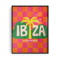 A maximalist retro wall art print celebrating the spirit of Ibiza -  hot pink checkerboard skies, tropical palm silhouettes and iconic Balearic energy.