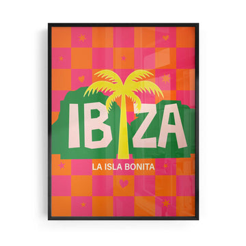 A maximalist retro wall art print celebrating the spirit of Ibiza -  hot pink checkerboard skies, tropical palm silhouettes and iconic Balearic energy.