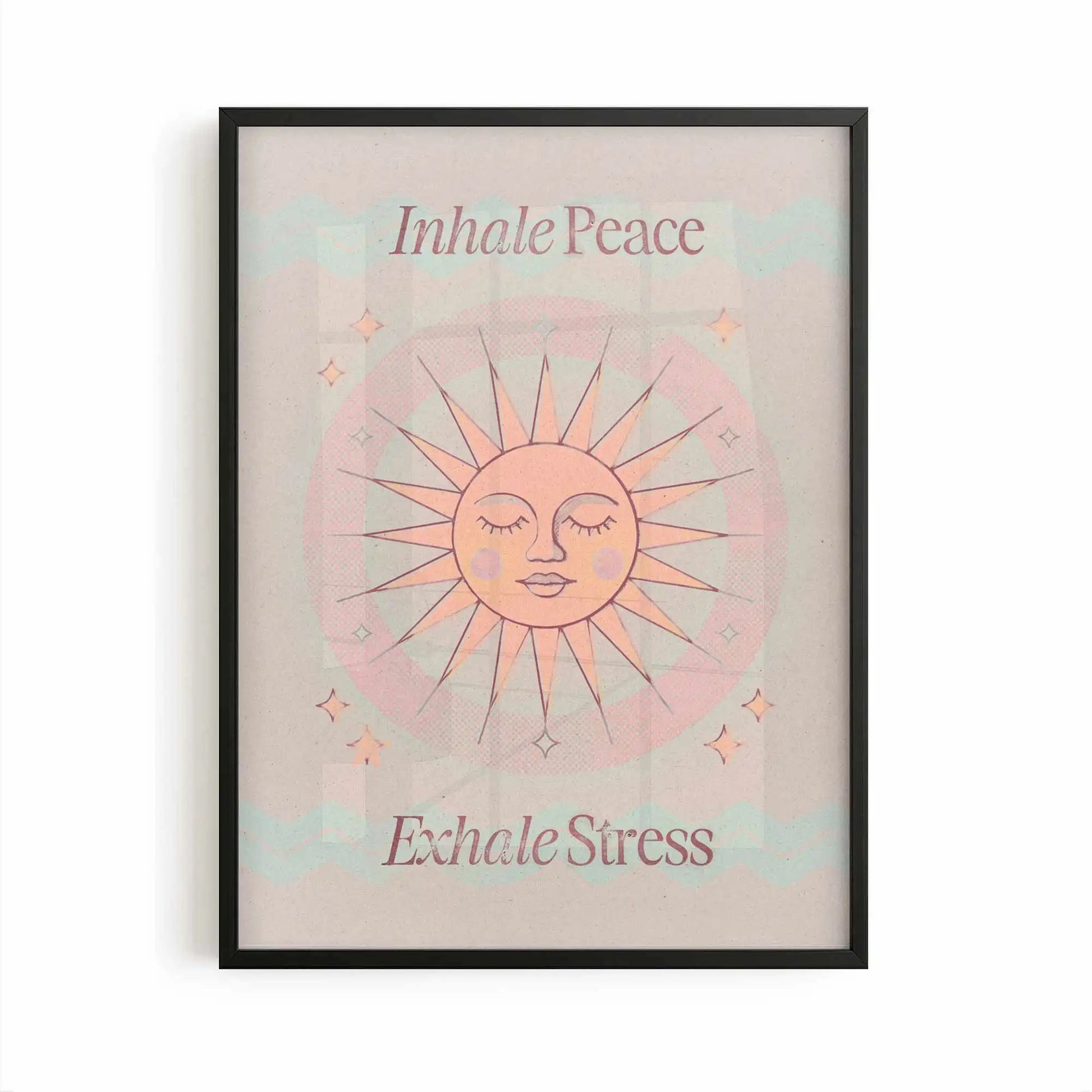 Inhale Peace, Exhale Stress mindfulness wall art print displayed in a minimalist black frame with warm neutral tones.