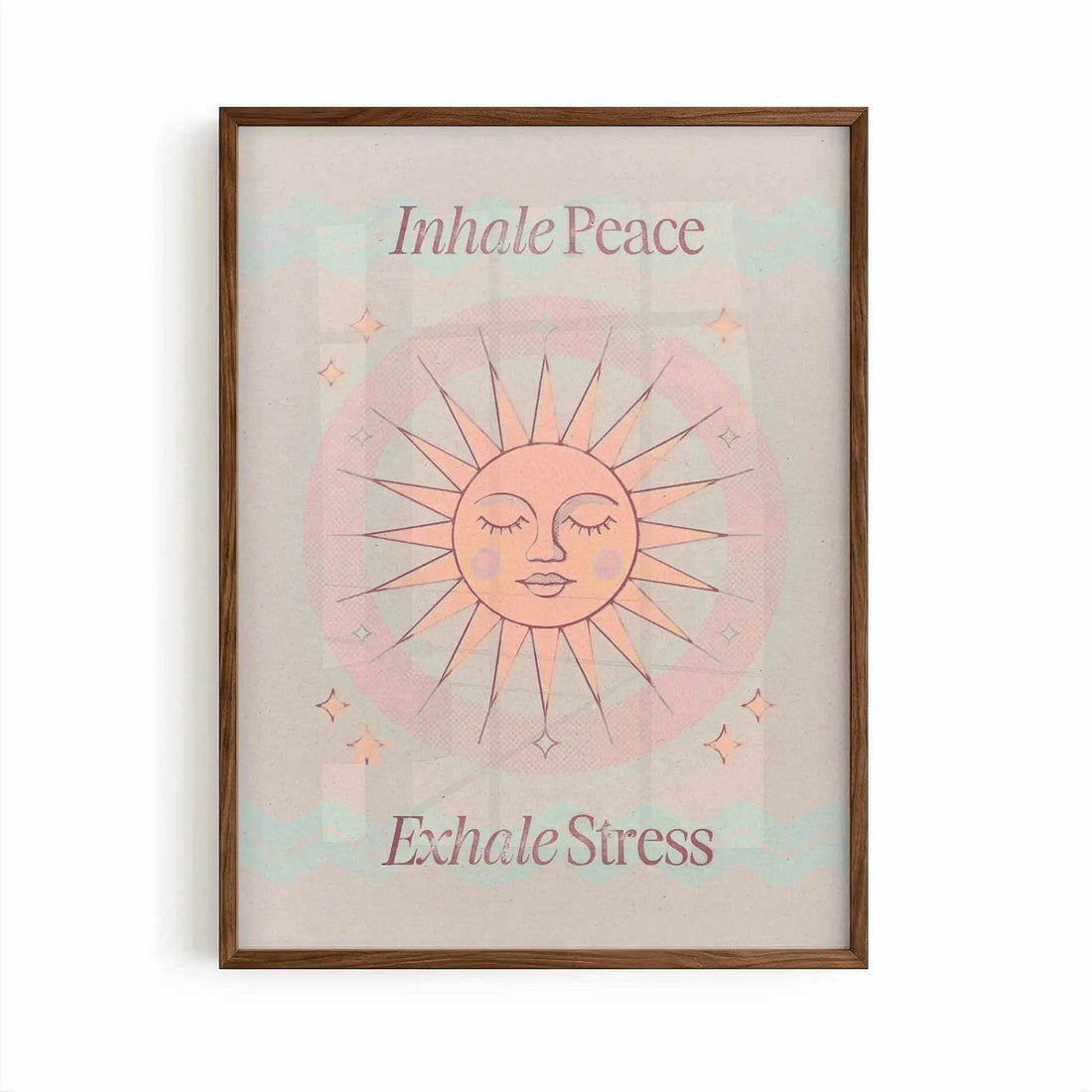 Inhale Peace, Exhale Stress mindfulness wall art print displayed in a minimalist brown frame with warm neutral tones.