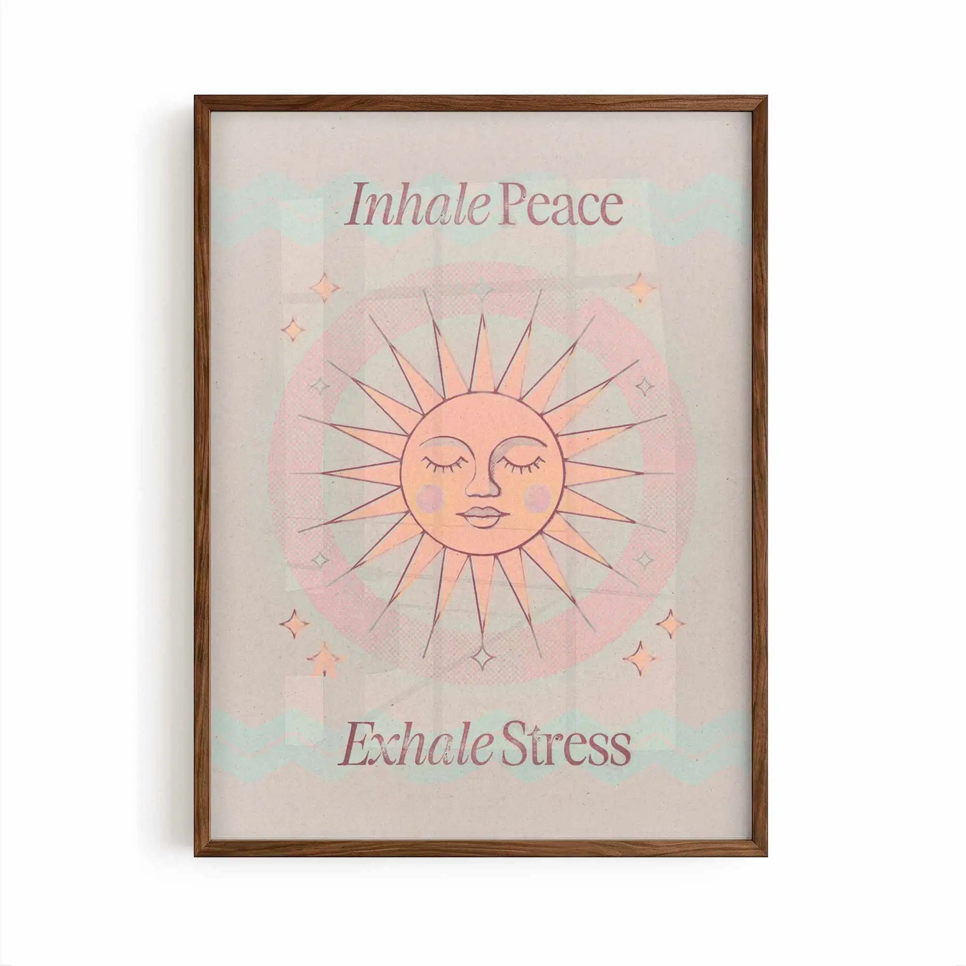 Inhale Peace, Exhale Stress mindfulness wall art print displayed in a minimalist brown frame with warm neutral tones.