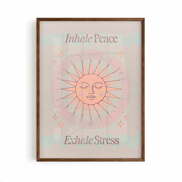 Inhale Peace, Exhale Stress mindfulness wall art print displayed in a minimalist brown frame with warm neutral tones.