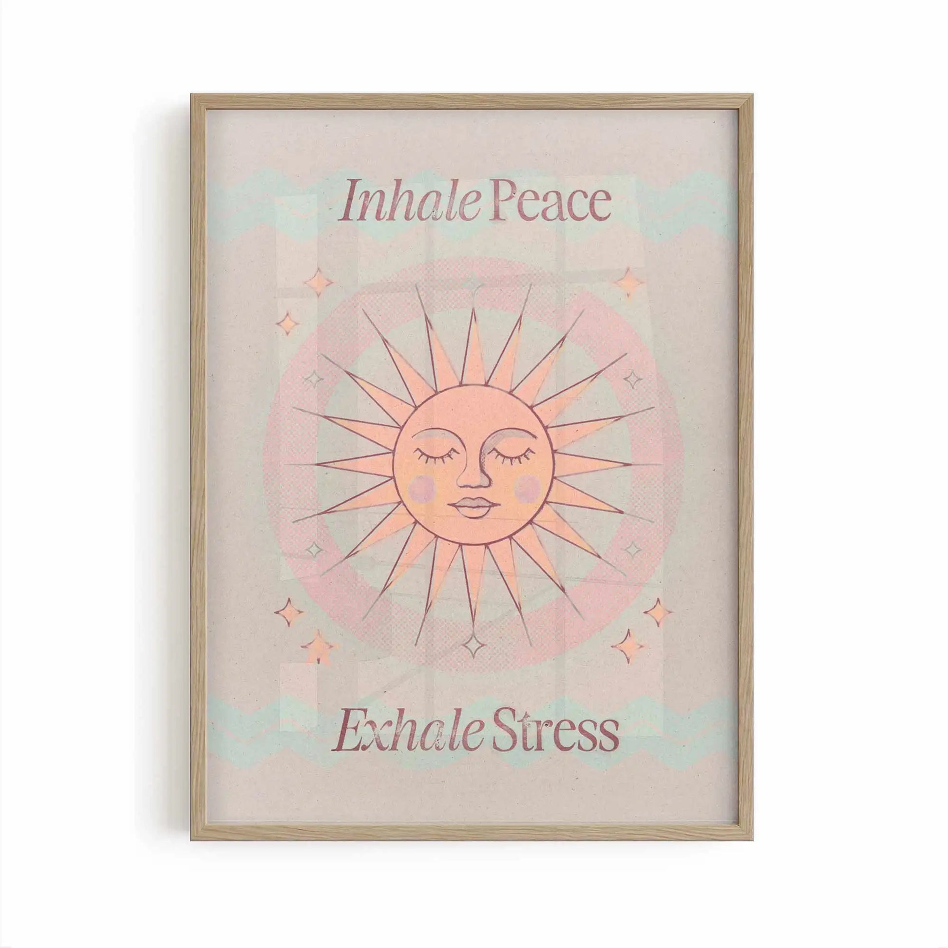 Inhale Peace, Exhale Stress mindfulness wall art print displayed in a minimalist oak frame with warm neutral tones.