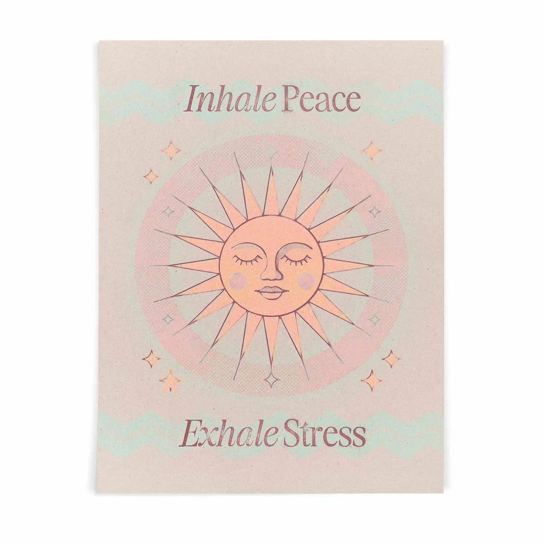 Inhale Peace, Exhale Stress mindfulness wall art print displayed in a minimalist brown frame with warm neutral tones.