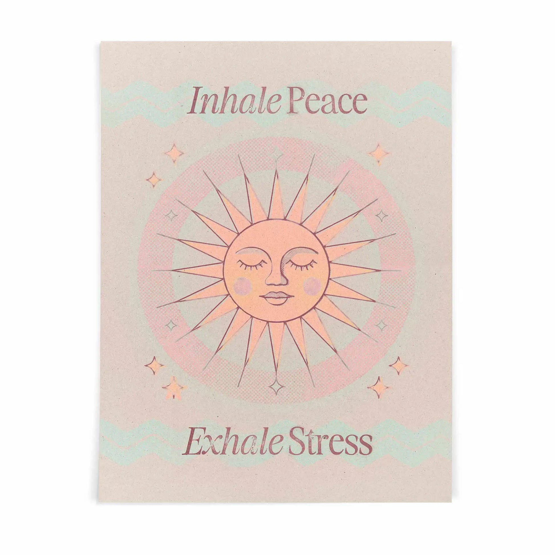 Minimalist mindfulness wall art print reading Inhale Peace, Exhale Stress in soft ivory, cream, beige and blush neutral tones.