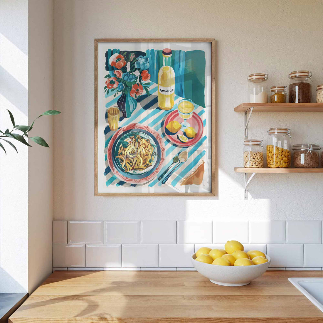 “Colourful illustration of a vibrant Italian summer meal featuring a bowl of pasta, a bottle of limoncello, fresh lemons, and floral arrangement on a striped tablecloth - styled in a whimsical boho aesthetic.”