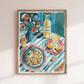 Take a seat at the sun-drenched table with Dolce Vita Dining—a joyful wall art print inspired by the charm of Italian coastal living. This hand-painted illustration features an alfresco feast: a plate of pasta, a glass of limoncello, and fresh citrus, all laid out on a blue-and-white striped tablecloth under golden sunlight