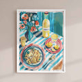 Colourful illustration of a vibrant Italian summer meal featuring a bowl of pasta, a bottle of limoncello, fresh lemons, and floral arrangement on a striped tablecloth—styled in a whimsical boho aesthetic.”