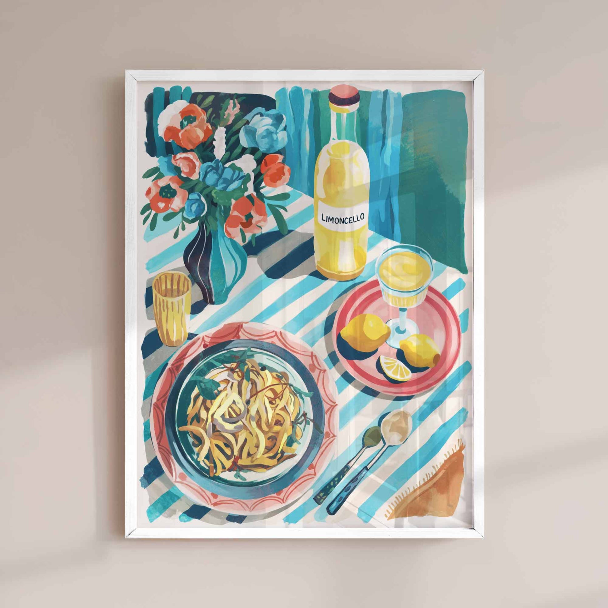 Colourful illustration of a vibrant Italian summer meal featuring a bowl of pasta, a bottle of limoncello, fresh lemons, and floral arrangement on a striped tablecloth—styled in a whimsical boho aesthetic.”