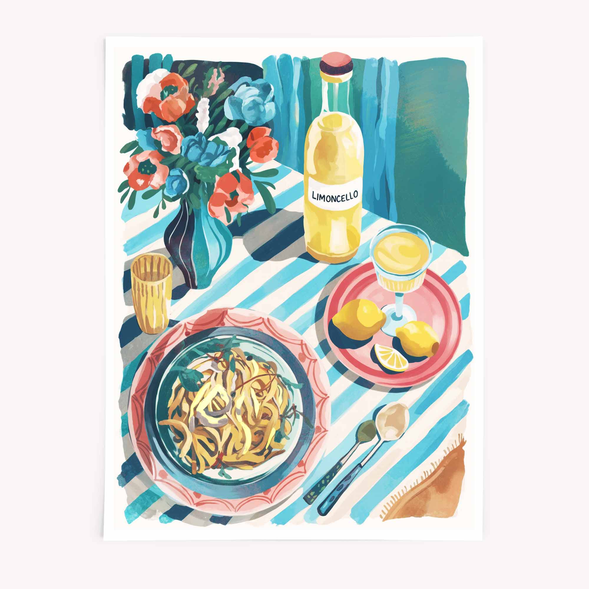 “Colourful illustration of a vibrant Italian summer meal featuring a bowl of pasta, a bottle of limoncello, fresh lemons, and floral arrangement on a striped tablecloth - styled in a whimsical boho aesthetic.”