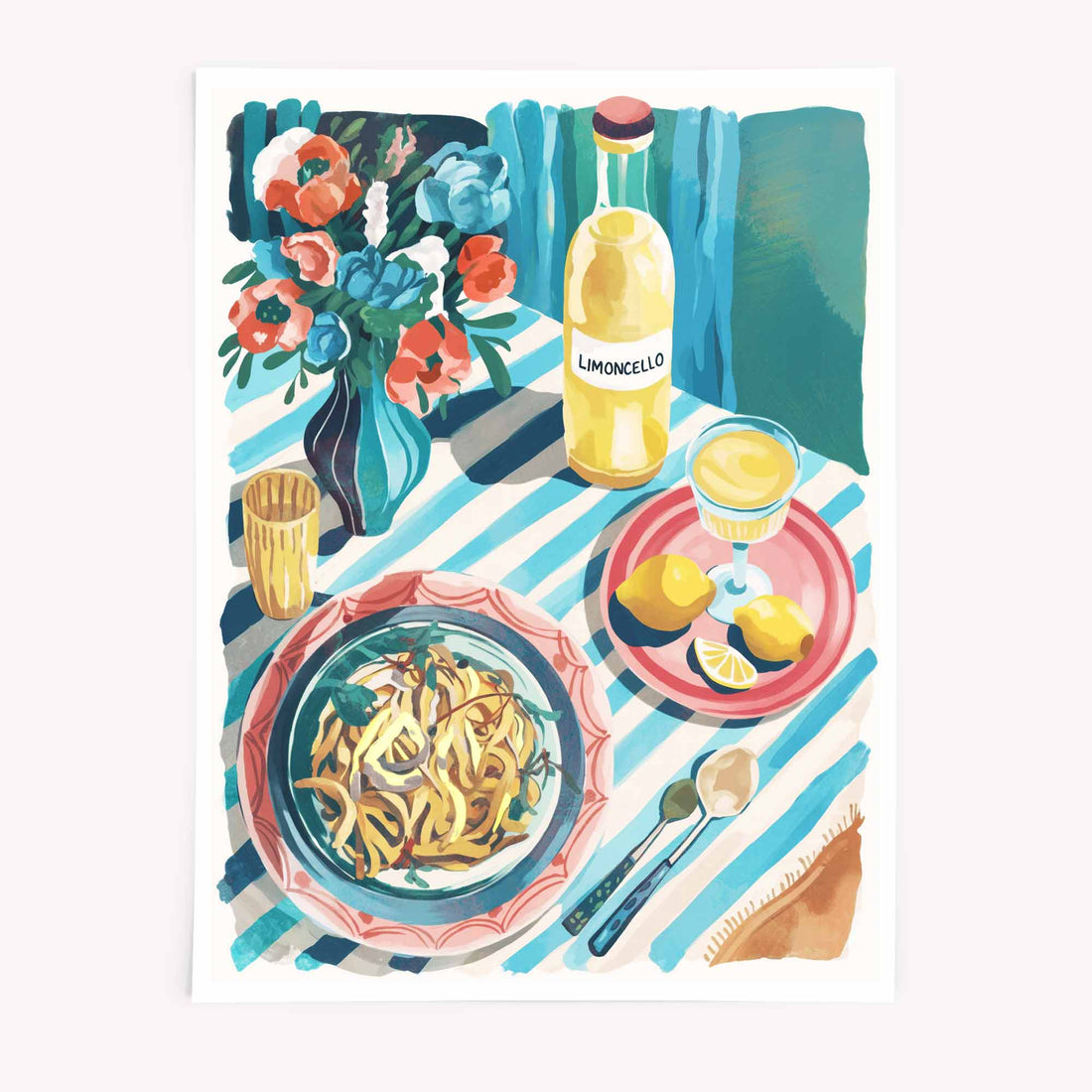 “Colourful illustration of a vibrant Italian summer meal featuring a bowl of pasta, a bottle of limoncello, fresh lemons, and floral arrangement on a striped tablecloth - styled in a whimsical boho aesthetic.”