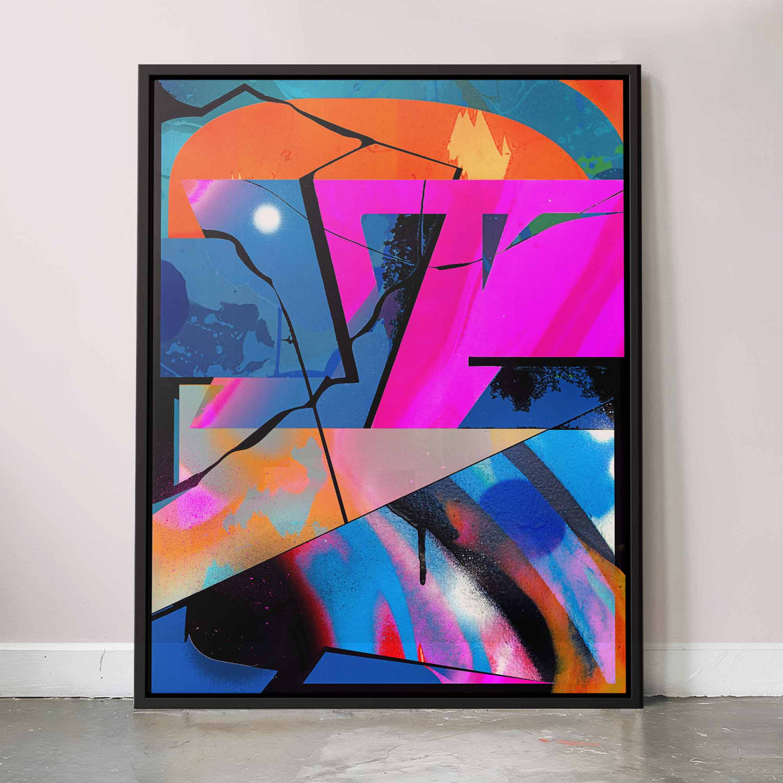 Oak framed canvas with colorful graffiti design