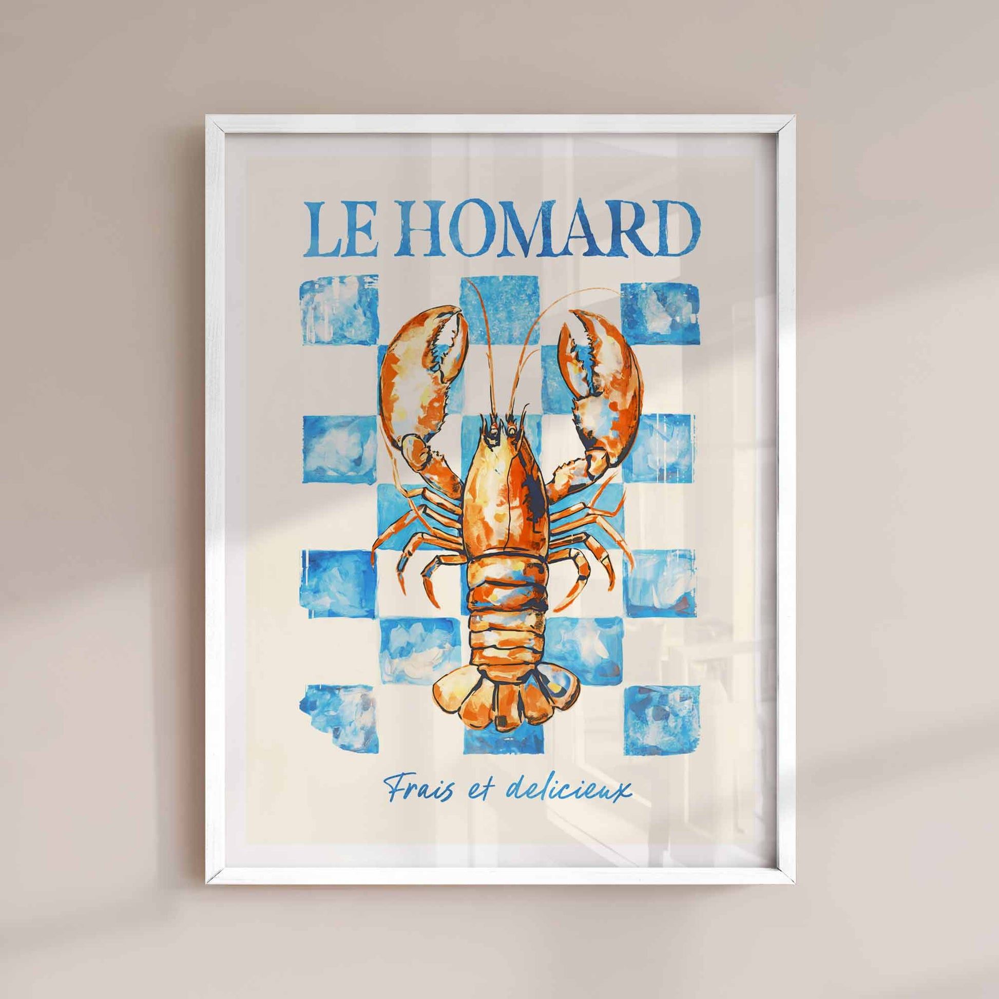 Playful French lobster kitchen print with coastal chic style – perfect for foodie wall decor & seaside interiors
