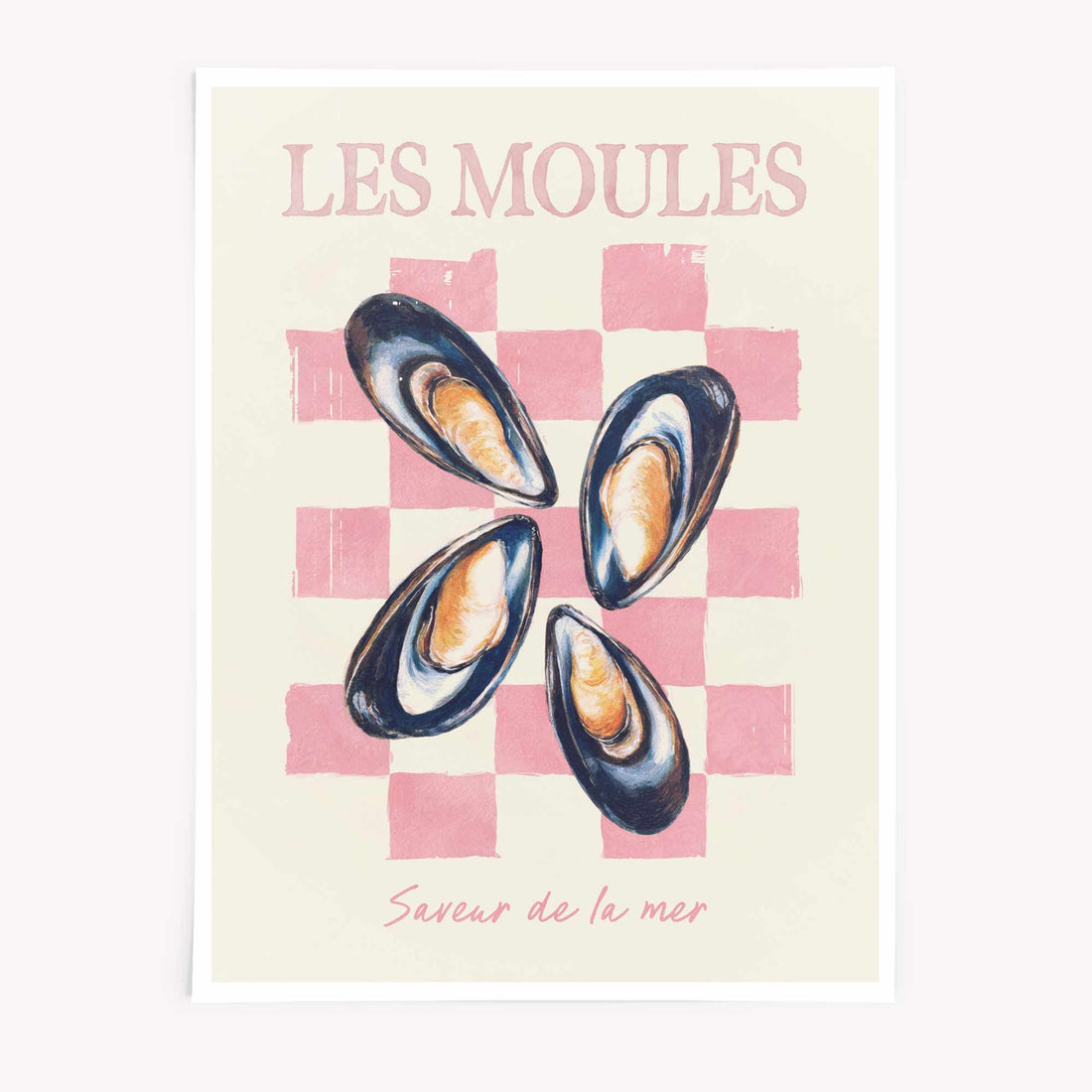 Les Moules French mussels kitchen poster, pastel seafood wall art, coastal chic kitchen print