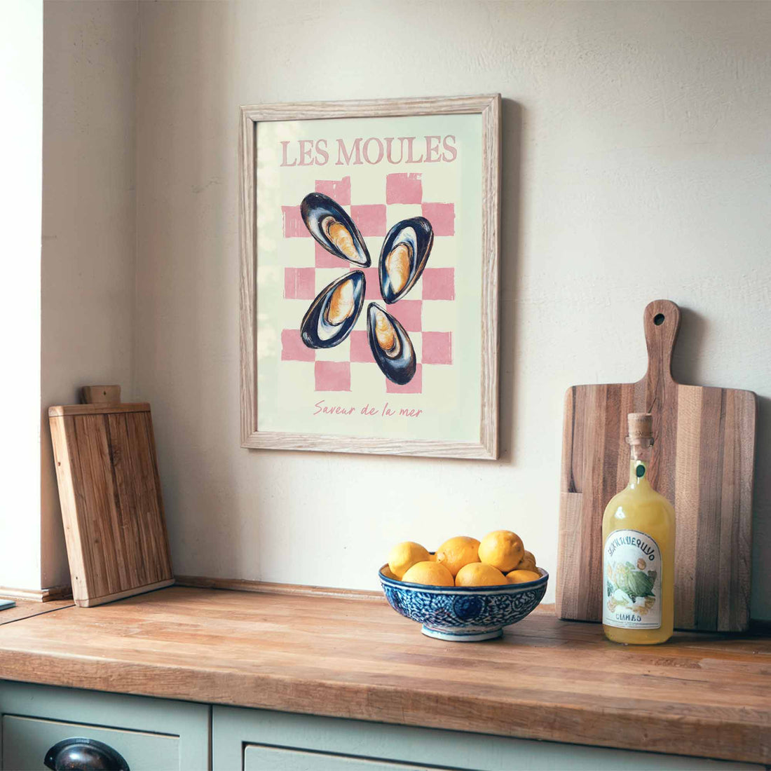 Les Moules French mussels kitchen poster, pastel seafood wall art, coastal chic kitchen print